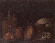 unknow artist Still life of apples and herring in bowls,a beaten copper jar,a pan and other kitchen implements France oil painting artist